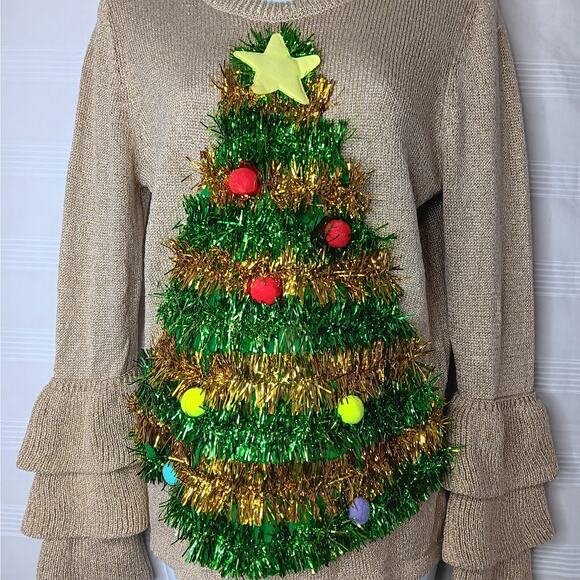 Holiday Time Dimensional Christmas Tree Ugly Sweater Size Small Ruffle Sleeves - Picture 3 of 12